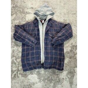 Riggs Workwear By Wrangler Men L Blue Plaid Jacket with Gray Hoodie faded